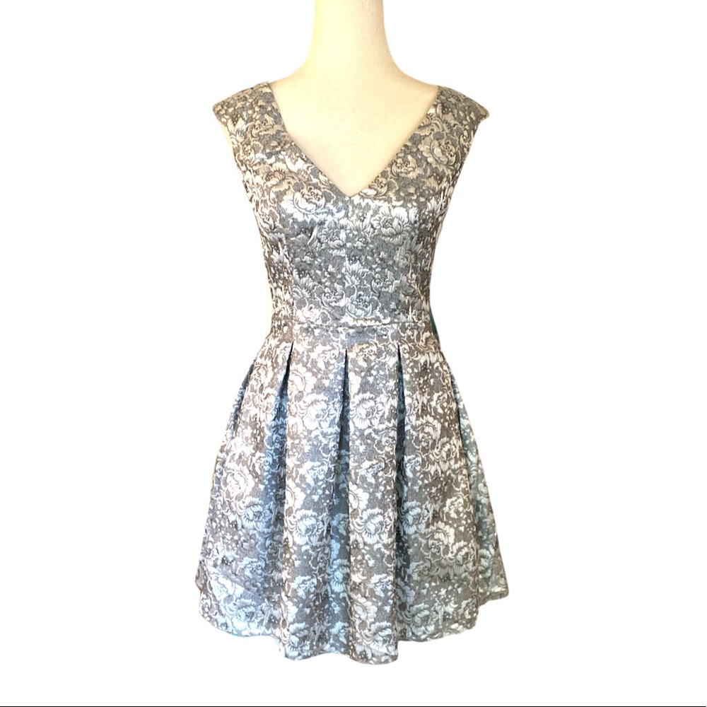 Aidan Mattox Metallic Silver Damask Fit & Flare Dress - 2